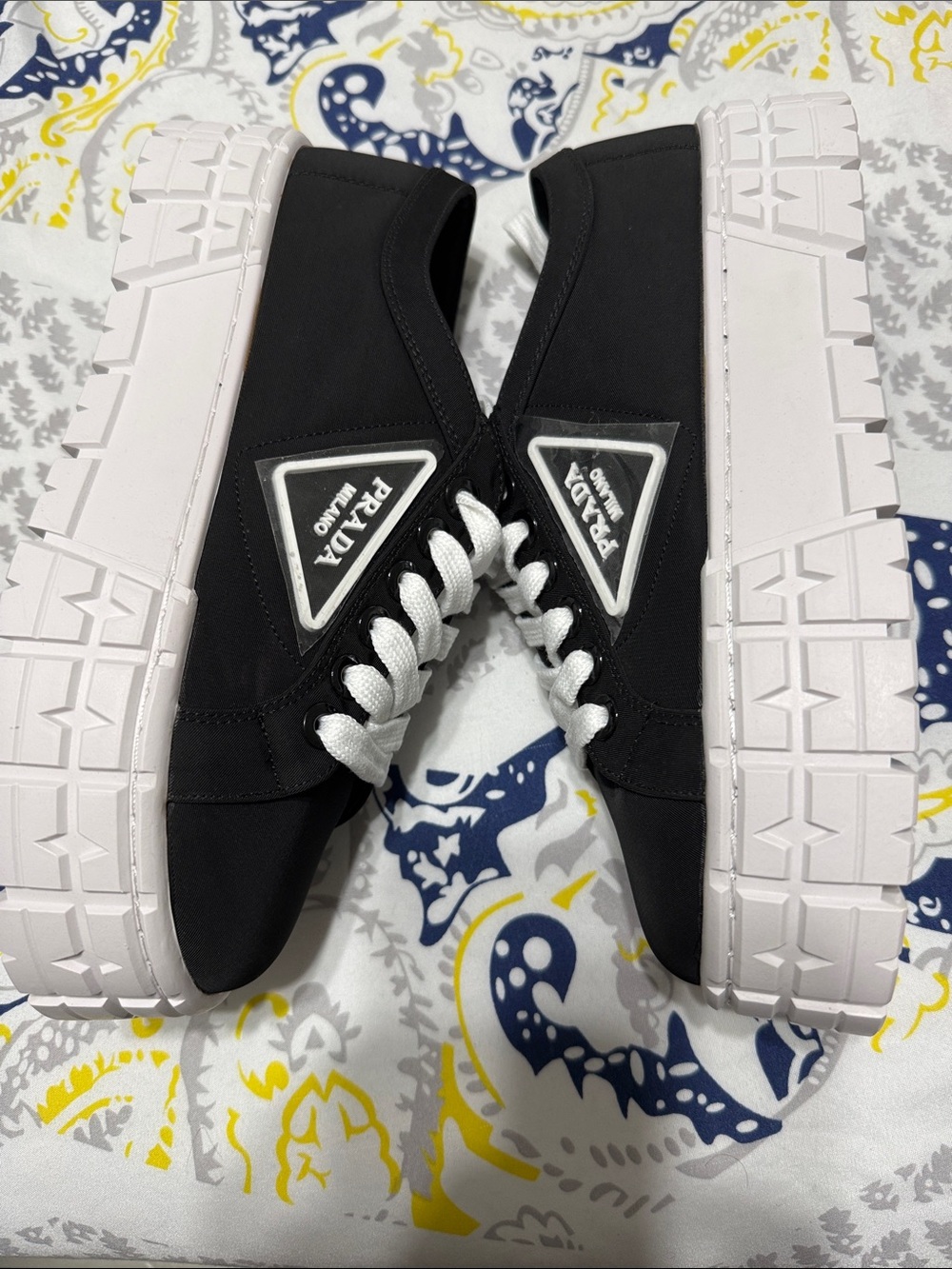 Prada Black Nylon Sneakers with White Platform Soles